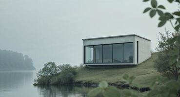 A small house sits on the edge of a lake photo