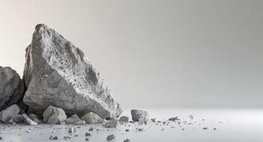 Abstract depiction of a textured rock formation with scattered debris on a light background photo