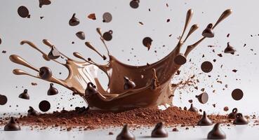 Creamy Chocolate Splash Explodes with Cocoa Powder and Chocolate Chips Dynamically. photo
