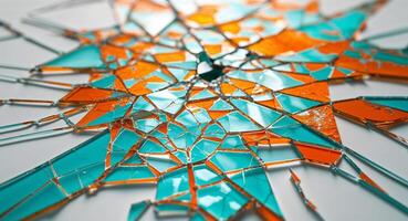 Cracked glass surface creating geometric design with striking orange turquoise colors. photo