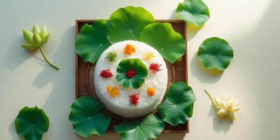 Neat tray of freshly steamed lotus leaf rice its ingredients prominently displayed for an inviting overhead shot photo