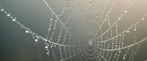 Dew drops glisten on delicate spider web threads in a halftone texture photo