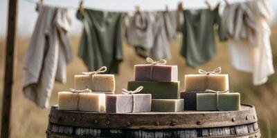 Handmade soap bars displayed on a rustic barrel with clothes drying in the background. photo