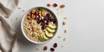 Healthy bowl of oatmeal with dried fruits and nuts promoting diabetes awareness featuring empty space for adding custom text or messages photo