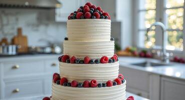 Stacking a beautiful layered cake with frosting and fresh berries in a bright kitchen setting. photo