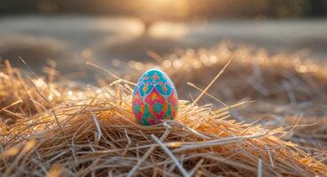 Colorful decorative egg resting on straw during golden hour in a serene outdoor setting photo