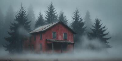 Fog enveloping a red wooden house and coniferous trees creates a mysterious atmosphere photo