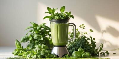 Fresh green smoothie in blender surrounded by herbs showcasing a healthy kitchen vibe with space for text inclusion photo