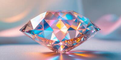 Colorful light reflections on a large faceted diamond in soft focus background photo