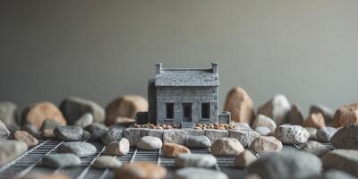 Grey Stone Miniature Building with Grid and Rocks. photo