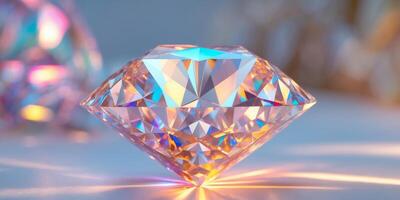 Colorful light reflections on a large faceted diamond in soft focus background. photo