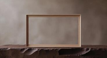 Rectangular wooden picture frame on dark brown textured surface photo