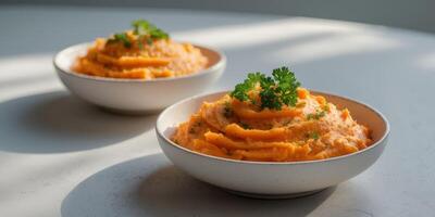 Mashed Carrots with Parsley Garnish in Bowls photo