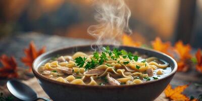 Steaming bowl of chicken noodle soup with herbs served in a cozy setting during autumn photo