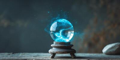 Crystal ball on a rustic stand with glowing blue energy inside. photo