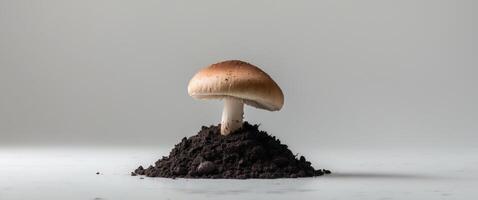 Single mushroom with dirt base on white studio backdrop for food or nature image photo