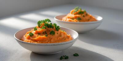 Mashed Carrots with Parsley Garnish in Bowls. photo