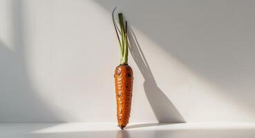 A carrot with a face on it is standing in front of a white wall photo