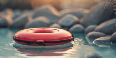 A red life preserver floating in a body of water photo