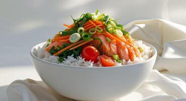 A bowl of rice with vegetables and salmon in it photo