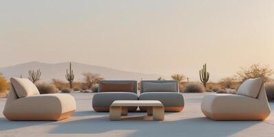 Three chairs and a table in the desert photo