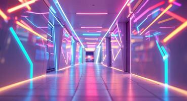 Futuristic Corridor With Vivid Neon Light Displays. photo