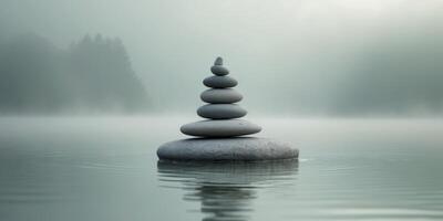 Calm Serenity Stack of Smooth Stones by Tranquil Waters in Soft Misty Landscape Background photo