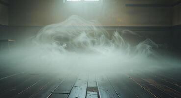 Mist drifts across a wooden floor creating a mysterious atmosphere in a dimly lit space photo