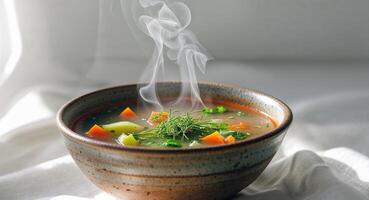 Aromatic and Steaming Hot Vegetable Soup Served in a Rustic Bowl. photo