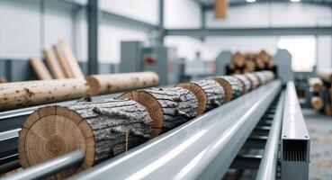Logs moving along conveyor belt in lumber mill processing wood photo