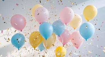 Colorful balloons and confetti create a festive atmosphere for celebration eventsColorful balloons and confetti create a festive atmosphere for celebration events. photo