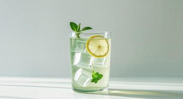A glass of cold tea ice cubes lemon slices and a sprig of mint cooling summer drinks photo