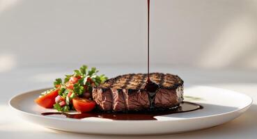 Grilled steak served with tomato salsa and sauce photo