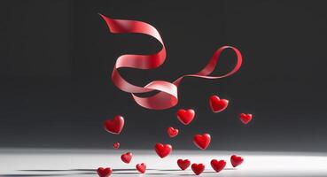 A black background with red ribbon and red hearts. photo