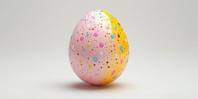 Colorful speckled egg displayed on a neutral background for festive decoration and celebration photo