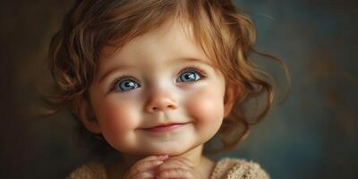 Cute toddler with curly hair and bright blue eyes smiling warmly at the camera in warm lighting photo