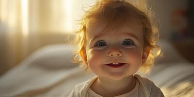 Joyful baby with curly hair smiles brightly in warm morning light photo