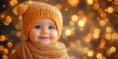 Cheerful baby wearing a cozy golden hat and scarf surrounded by sparkling lights during winter photo