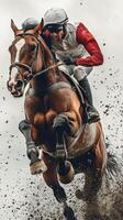 Rider and horse race through muddy terrain during equestrian competition on an overcast day photo