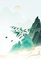 Chinese style poster illustration design There is a bamboo on the mountain surrounded by clouds vector
