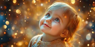 Bright-eyed child gazes upward with wonder amidst sparkling lights in a soft, magical atmosphere photo