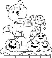 A cat and pumpkin on a pile of bricks coloring page vector