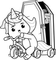 A cartoon unicorn riding in a car with a coffin vector