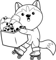 A cartoon dog on roller skates holding a box with skulls vector