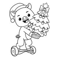 A pig riding a scooter with a christmas tree coloring page vector