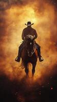 Cowboy riding a horse through swirling dust at sunset on a ranch photo