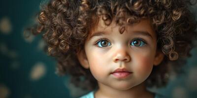 Child with curly hair and striking blue eyes gazes thoughtfully at the camera in a cozy indoor setting photo