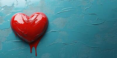 Vibrant red heart shape dripping on a textured teal background creating an artistic contrast of colors photo