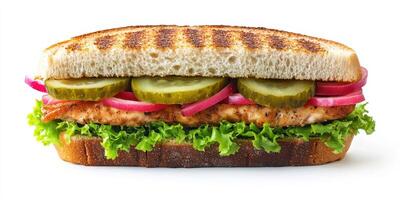Grilled sandwich with salmon, pickles, and fresh vegetables served with vibrant colors and textures photo