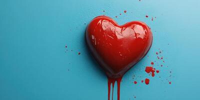 Red heart with dripping paint on a blue background creates a striking visual contrast evoking emotion and creativity photo